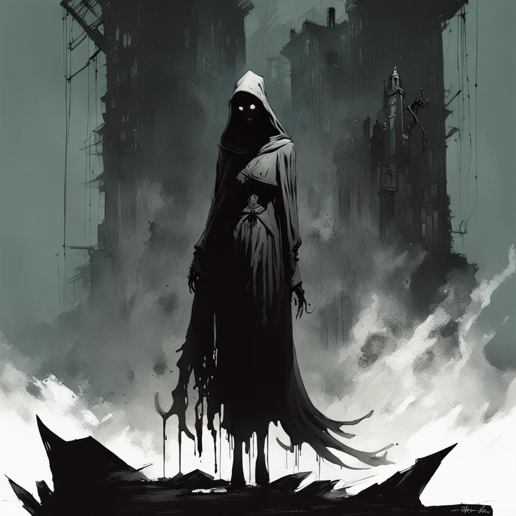 Creepy Female Ghost in Dark School Interior