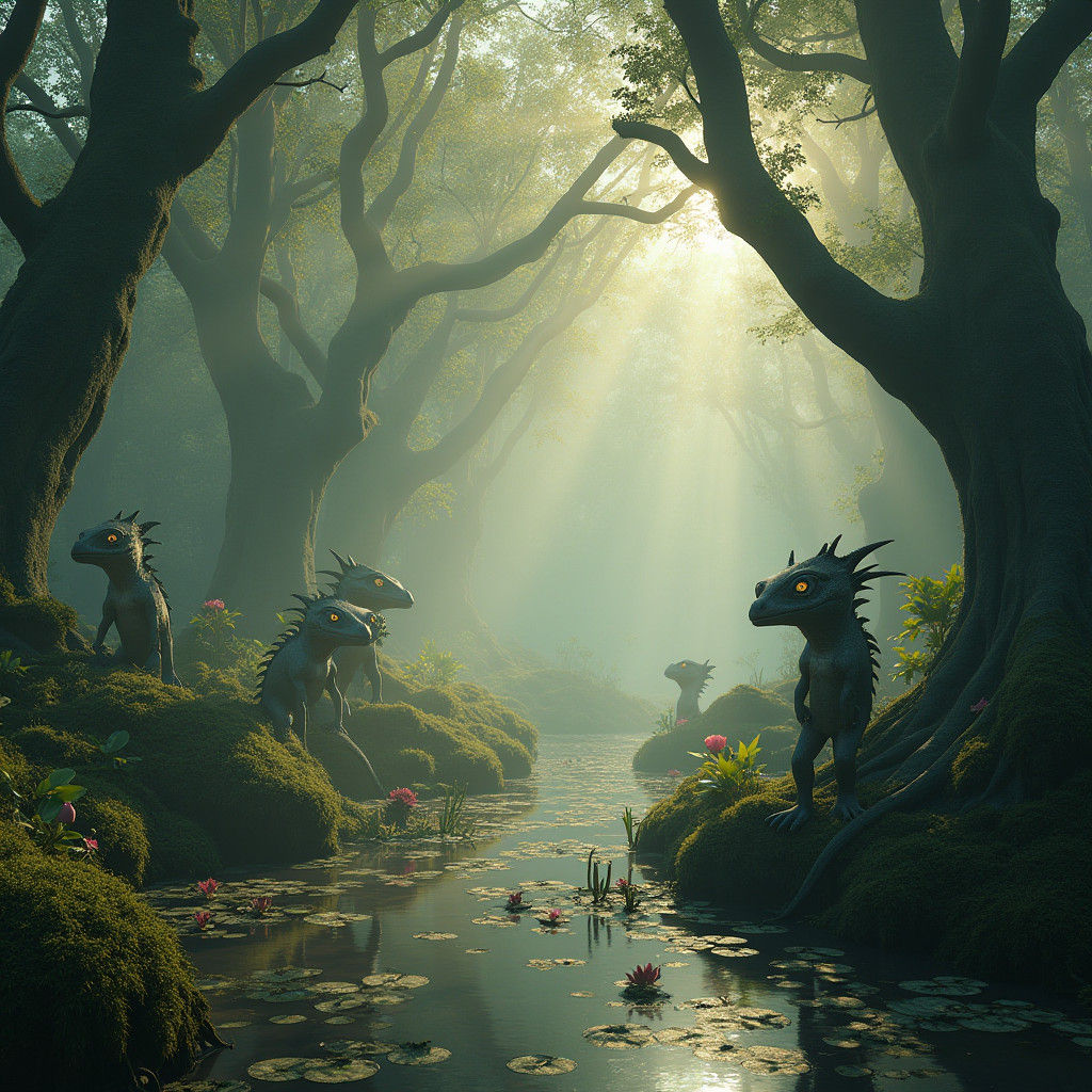 Lizard Folk Village in Mystical Swamp, Cinematic 3D Render