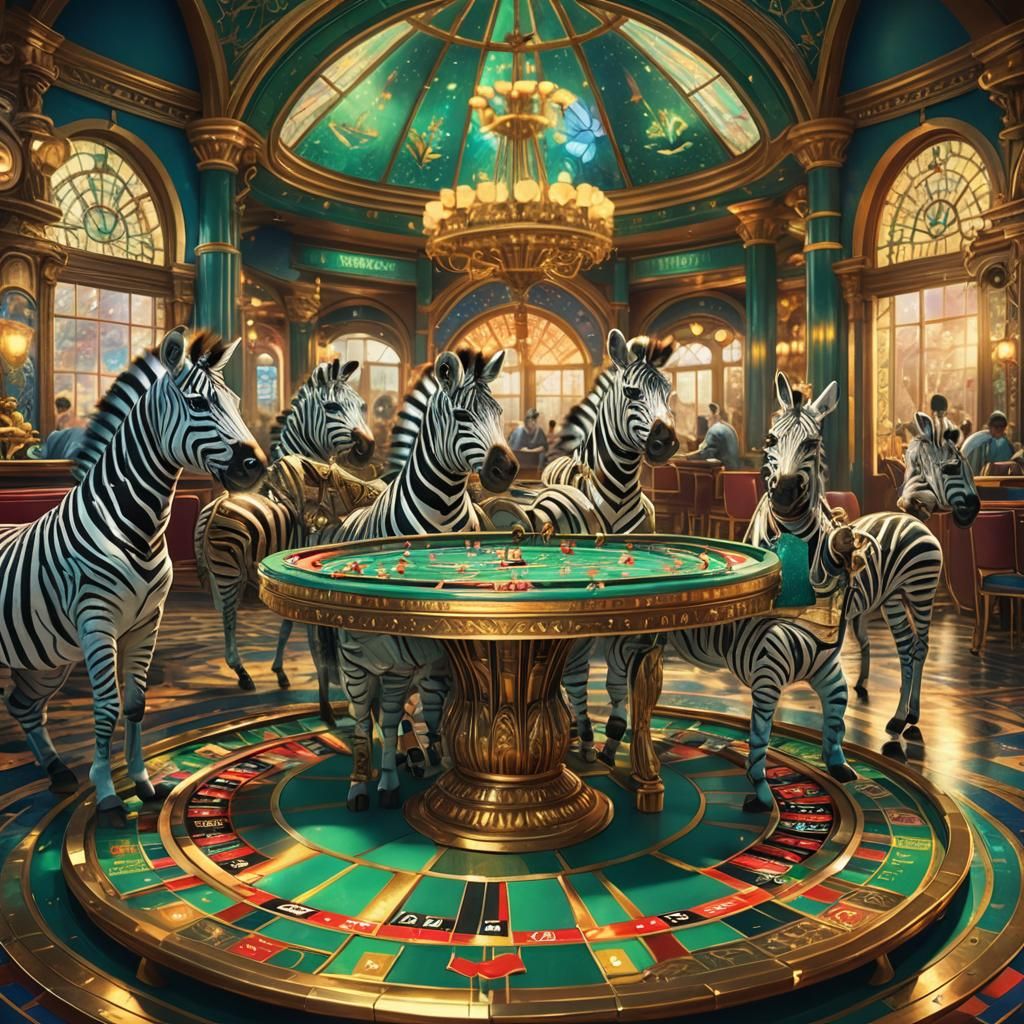 Zebras Gambling in Ornate Casino: Fantasy Concept Art