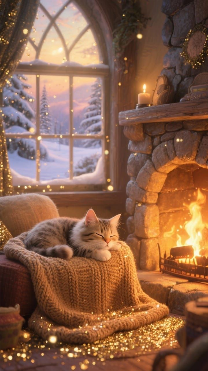 Cute Cat Napping by Fireplace in Snowy Window Scene