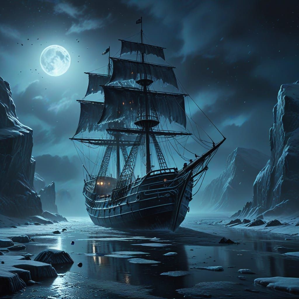 Frozen Ghost Ship in Arctic, Ominous Oil Painting
