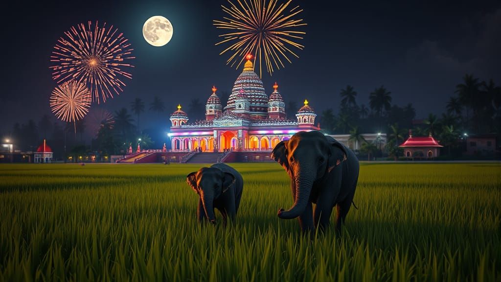 Kerala Night Scene: Elephant Cubs Under Fireworks