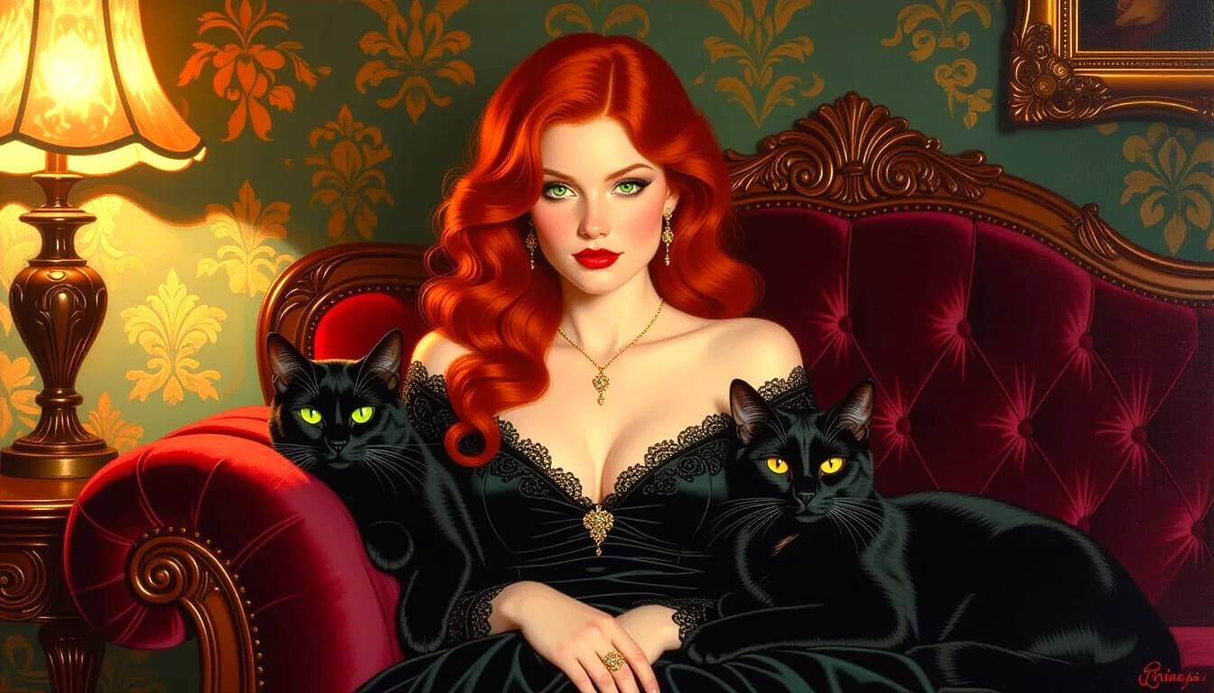 Redheaded Woman with Black Cats in Cozy Boudoir
