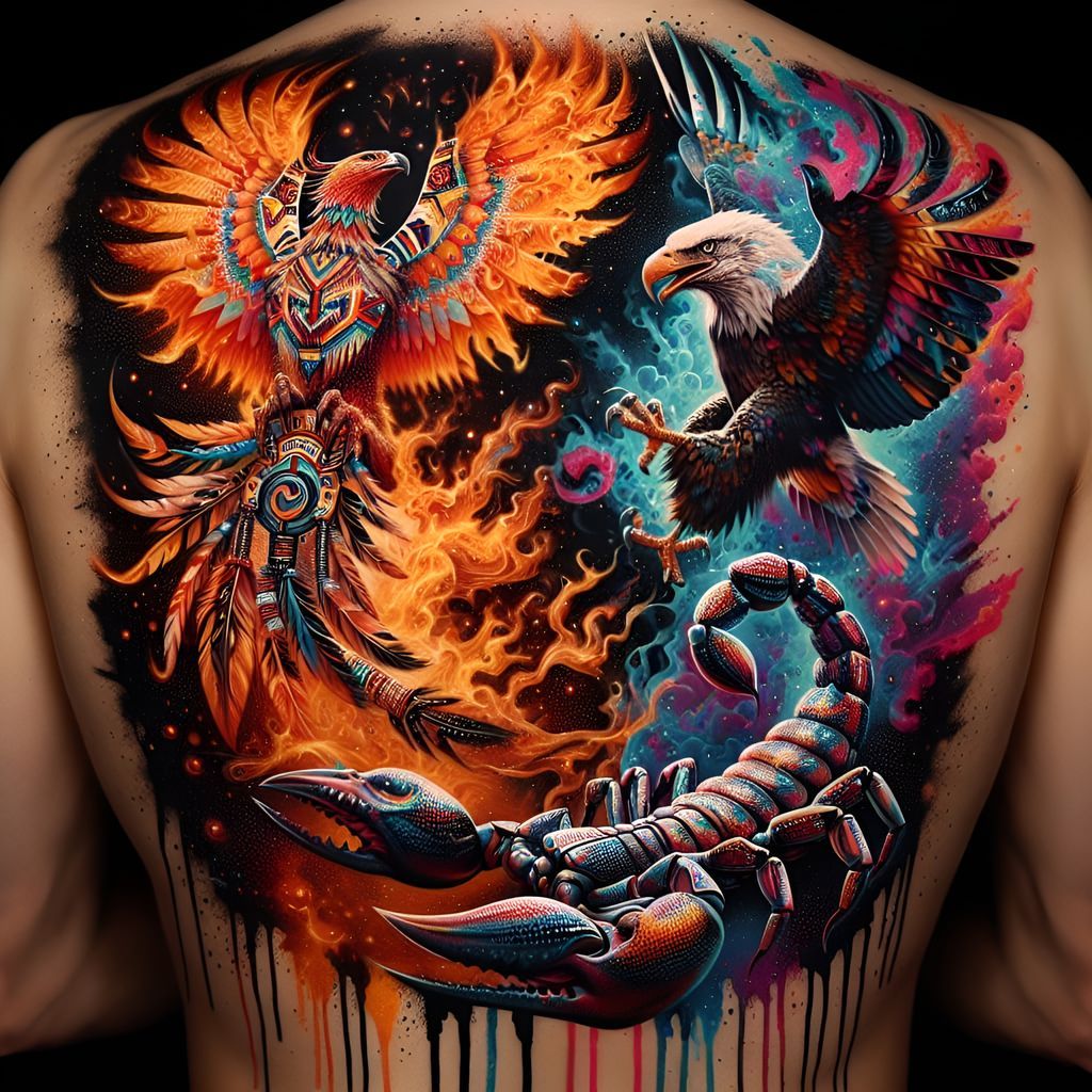 Totemic Tattoo Art: Phoenix, Eagle, and Scorpion