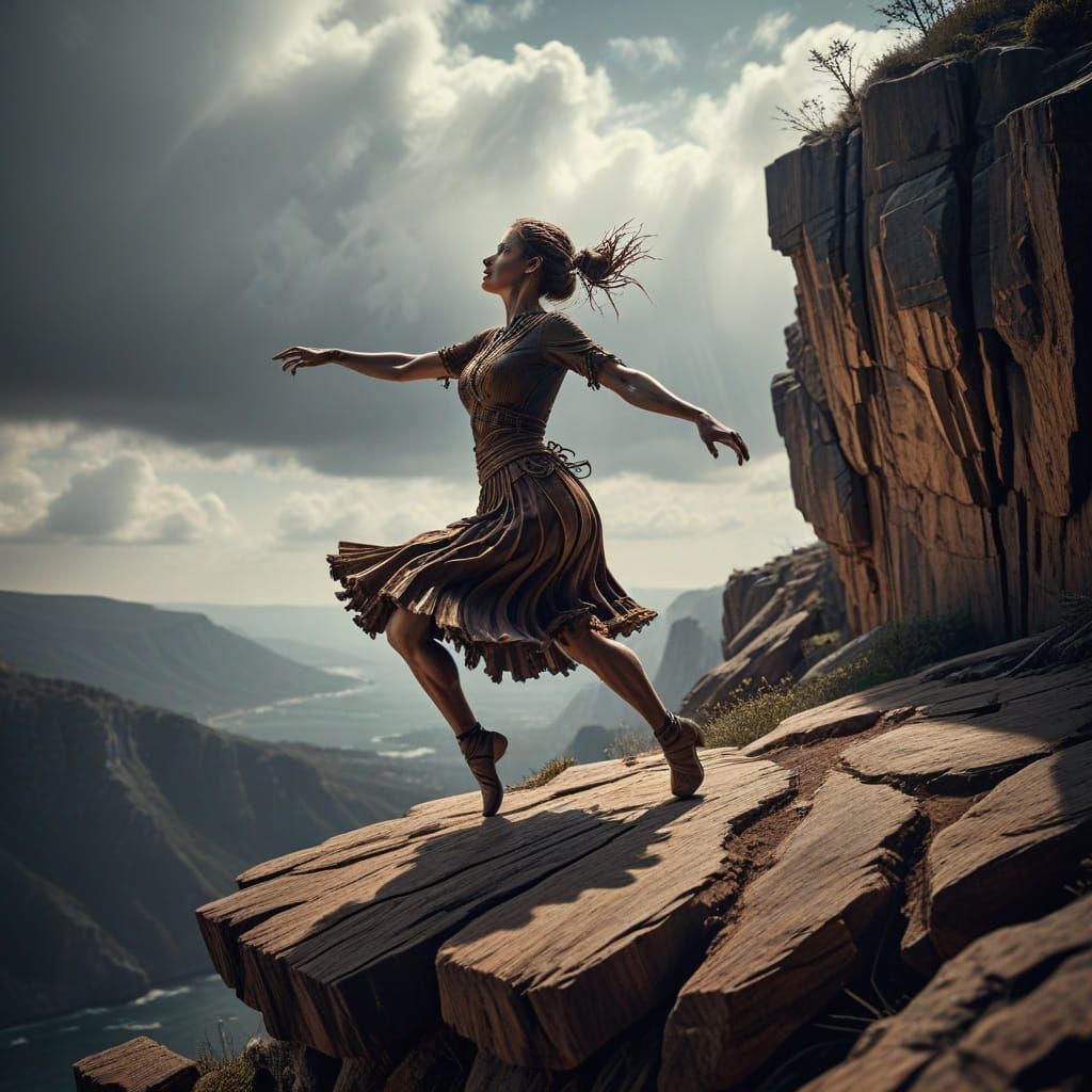 Hyperrealistic Wooden Woman Dances on Cliff Edge