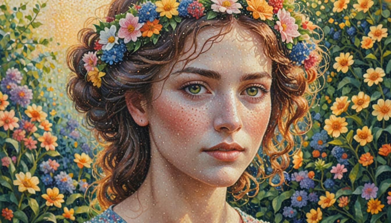 Pointillist Portrait of Woman with Flowers