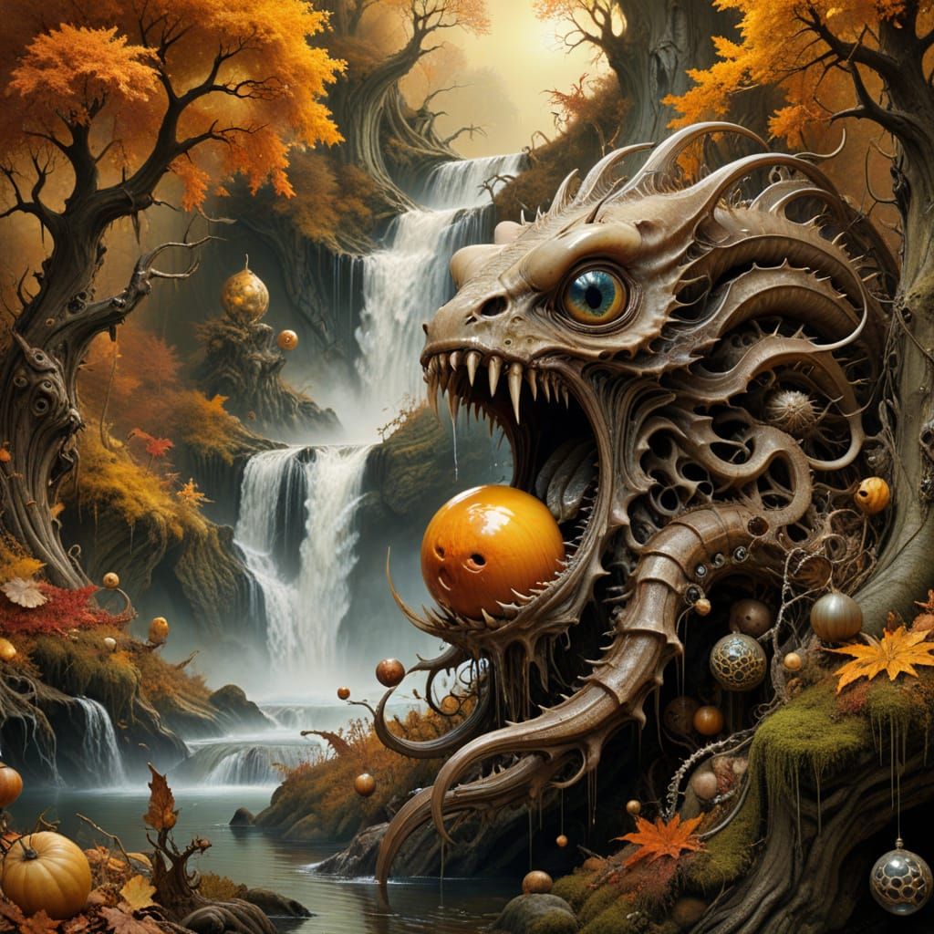 Surreal Autumn Landscape with Dragon Creature