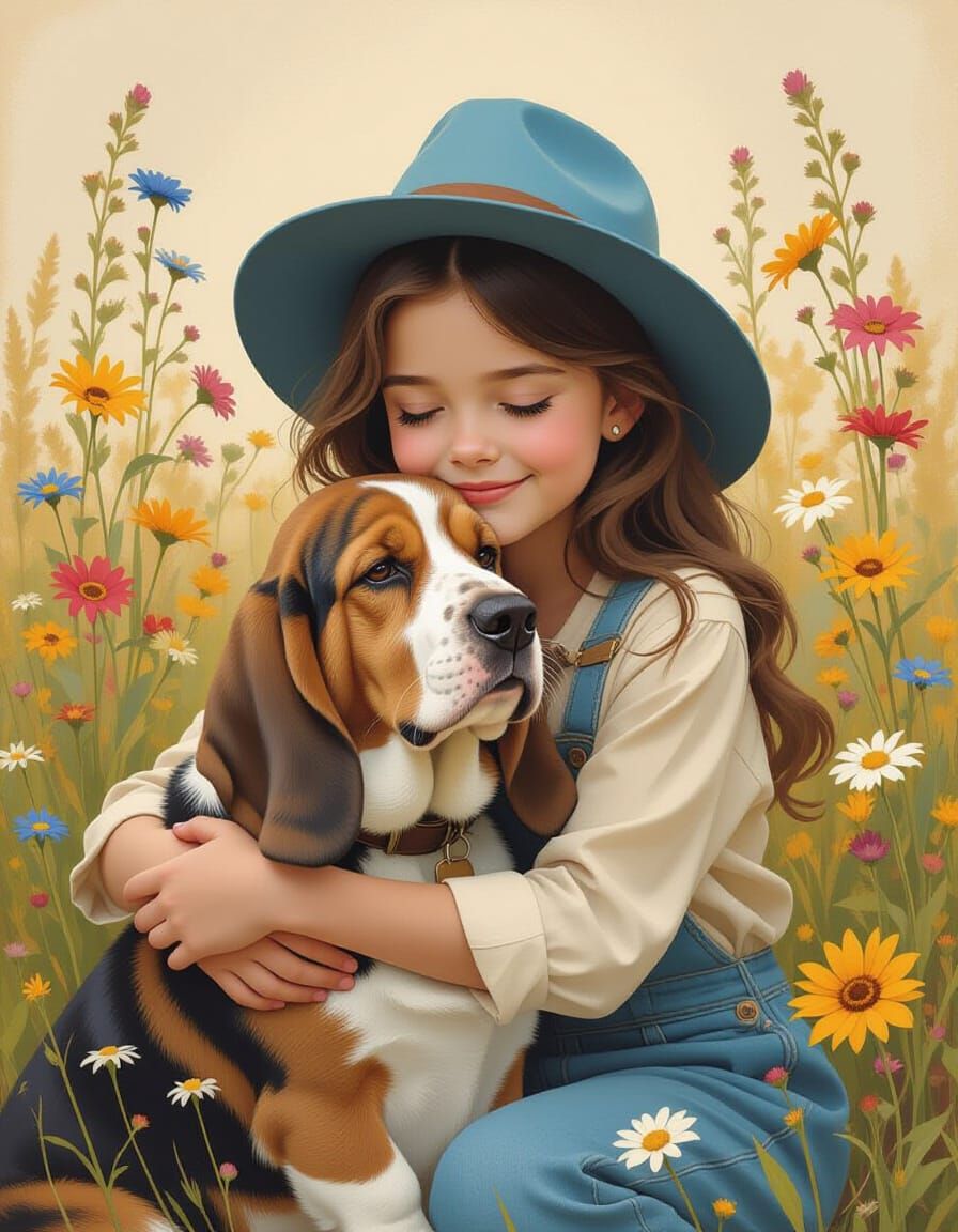 Girl Hugging Dog in Wildflower Field as Oil Painting