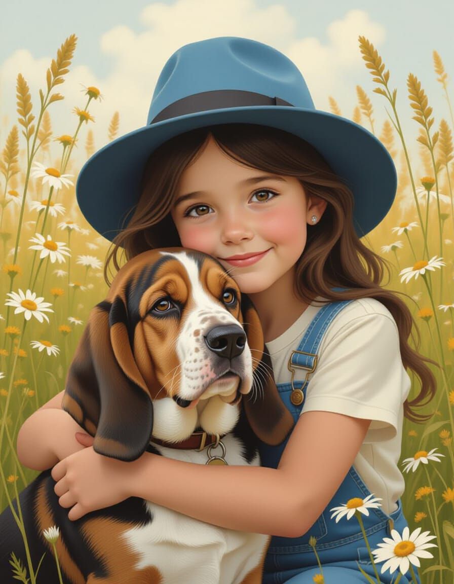 Girl Hugs Basset Hound in Hyper-Realistic Oil Painting
