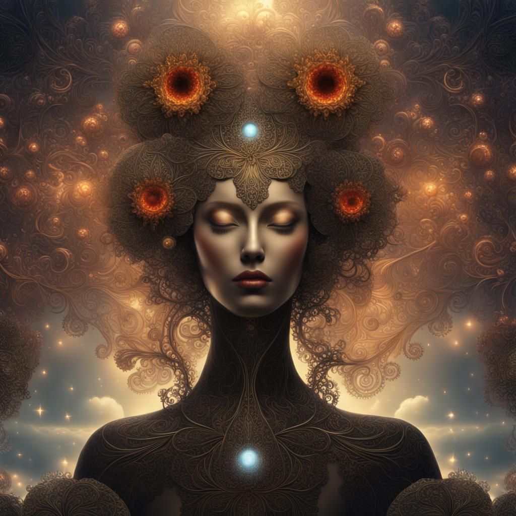 Futuristic Goddess in Fractal City, Digital Art