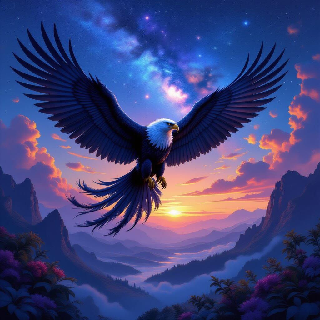 Griffin Soaring Through Nebula Twilight Sky