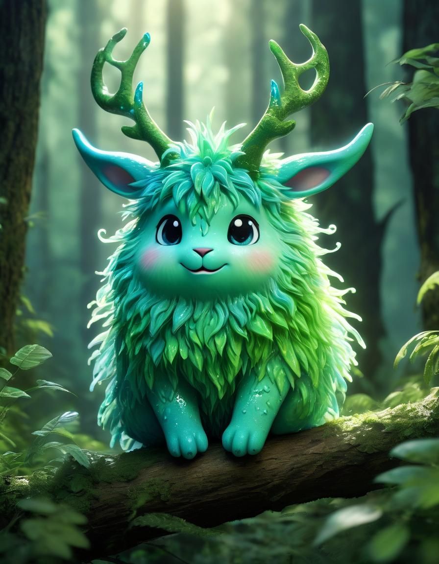 Kawaii Anime Creature in Lush Forest