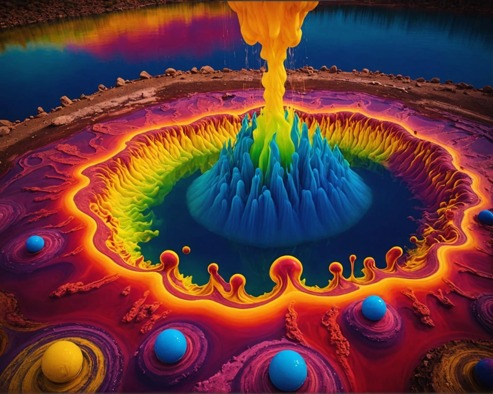 Colorful Non-Newtonian Fluid Lake with Surreal Sky