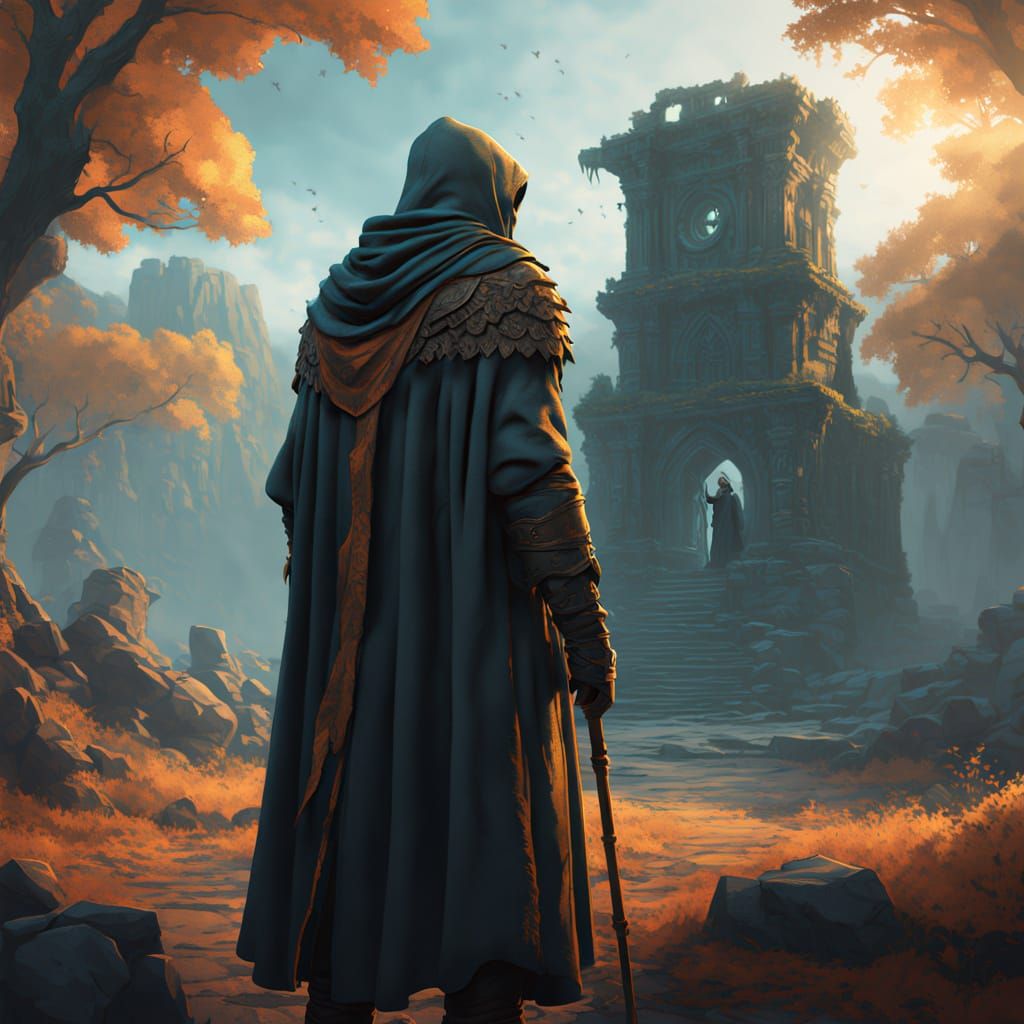 Fantasy Concept Art of a Lone Adventurer in a Mystical Fores...