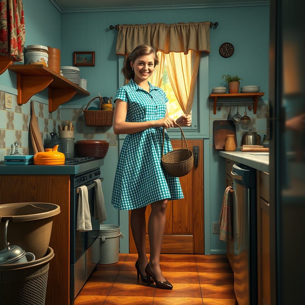 Happy Tradwife in Vintage Gingham Dress, 1950s Aesthetic