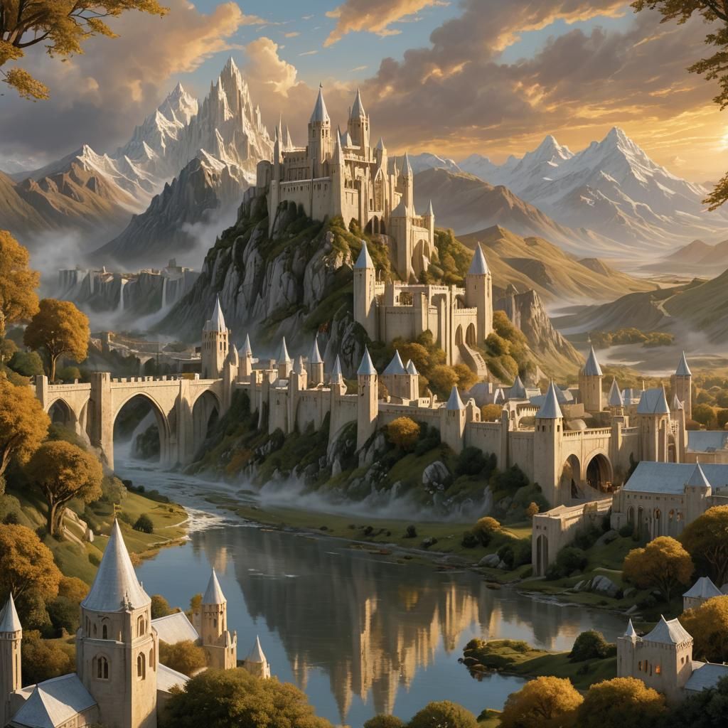 Minas Tirith: Golden Dusk in Epic Fantasy Painting