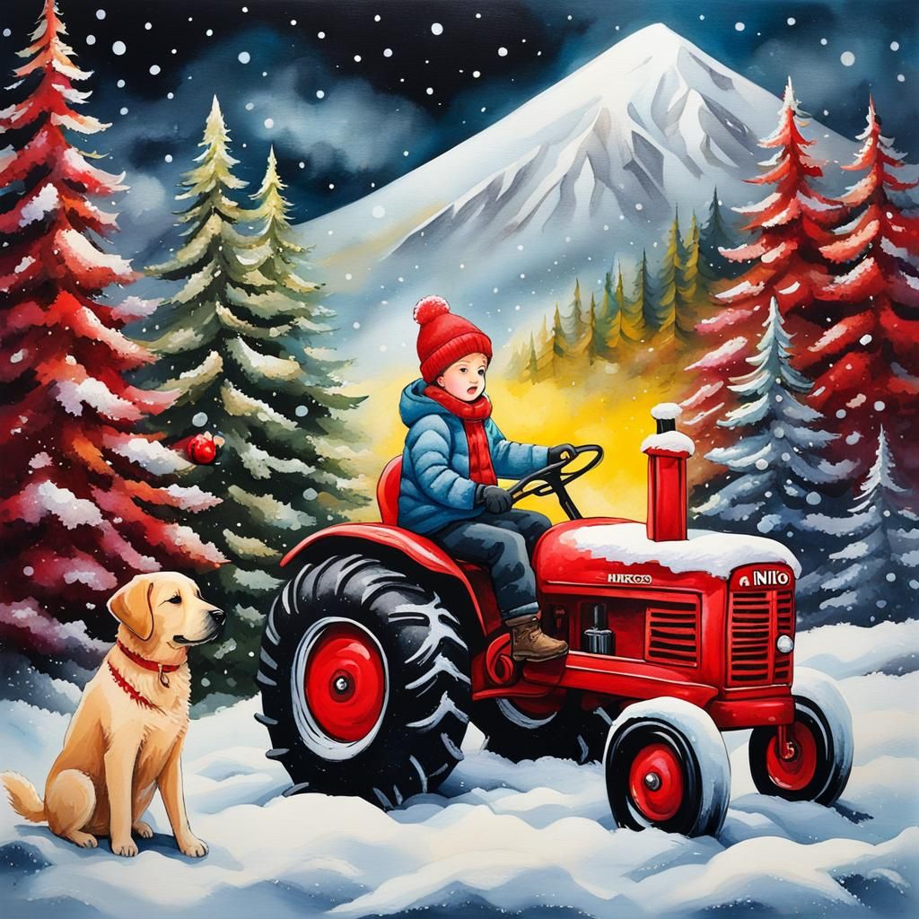 Christmas Tractor Scene in Alcohol Ink Style