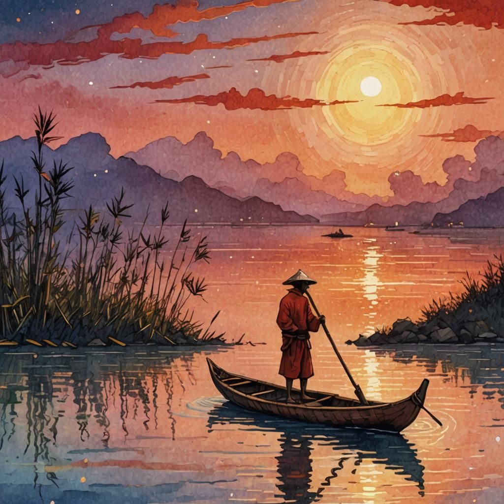 Filipino Fisherman on Canoe at Sunset, Watercolor Art