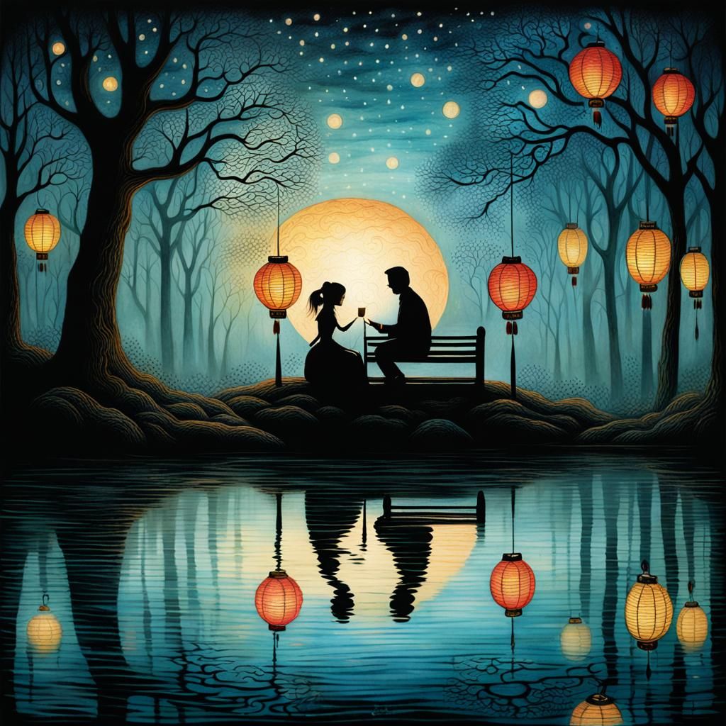 Romantic Couple Under Lanterns in Ethereal Fantasy Style