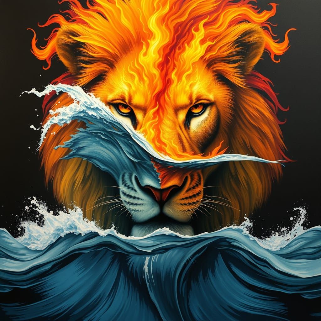 Surreal Lion's Face Blends Fire and Water in Bold, Expressiv...