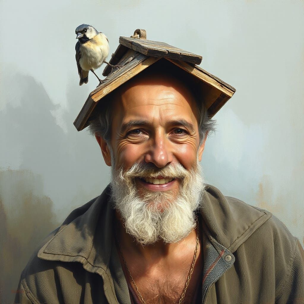 Smiling Bearded Man with Birdhouse, Oil Painting
