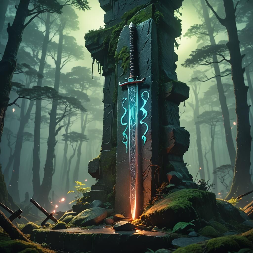 Katana in Stone Monument in Misty Forest