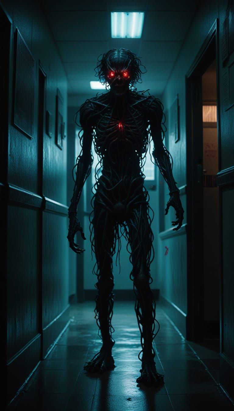 Terrifying Monster in Dark Hallway: Cinematic Horror