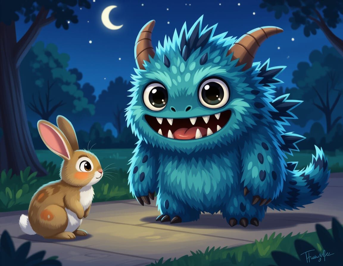 Cute Chupacabra Greets Rabbit in Nighttime Park