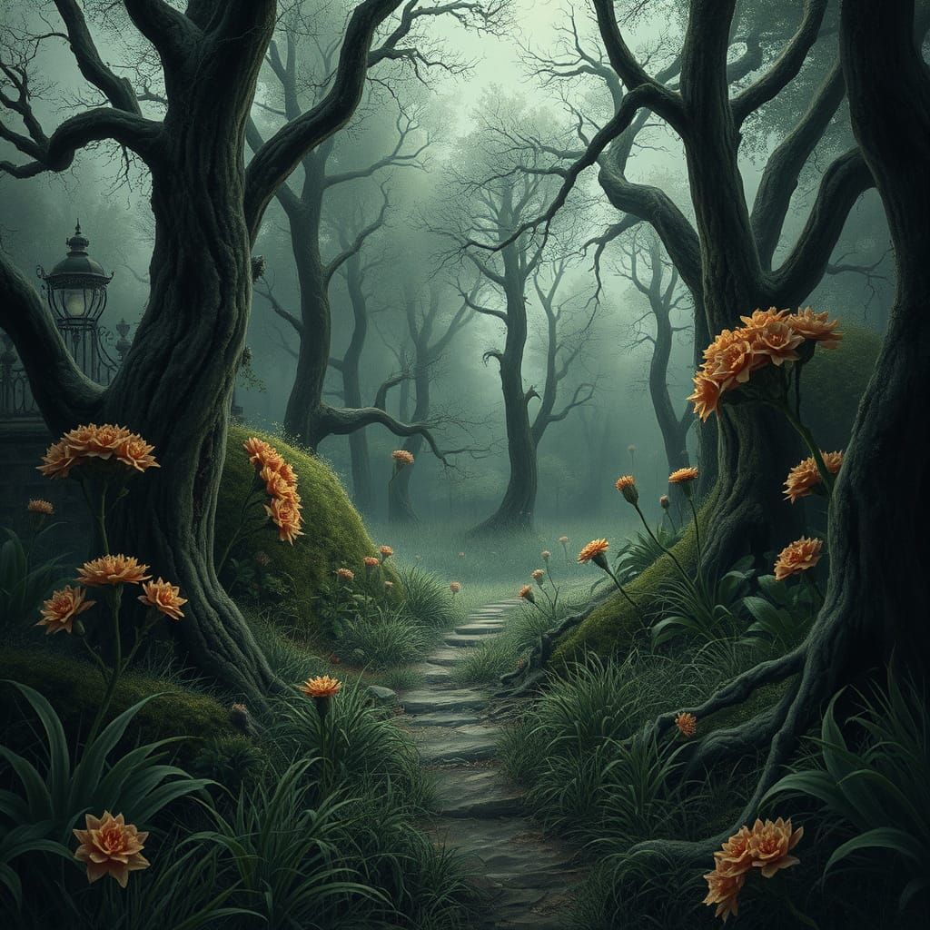 Eerie Secret Garden: Impressionistic Flora with Eyes and Tee...