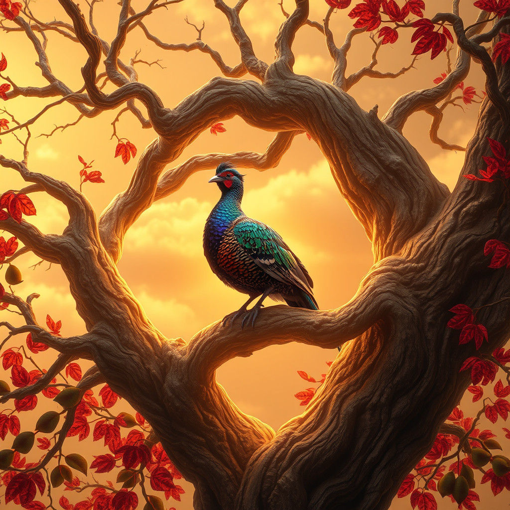 Majestic Partridge in Luminous Pear Tree, Fantasy Art