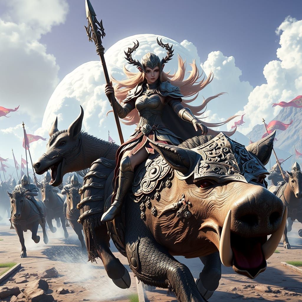 Warrior Princess Leads Army on Giant Wart Hog