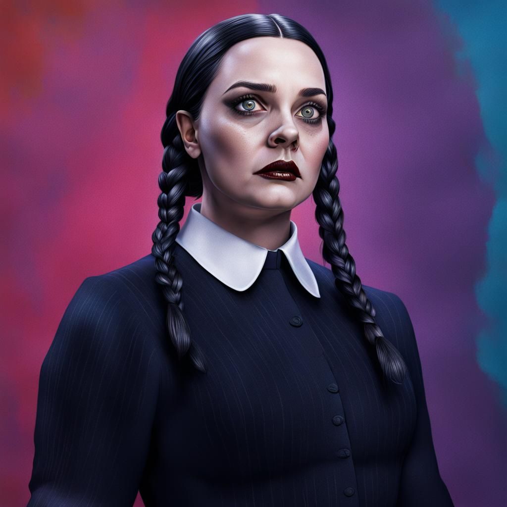 Hyperrealistic Wednesday Addams Portrait in Splash Art Style