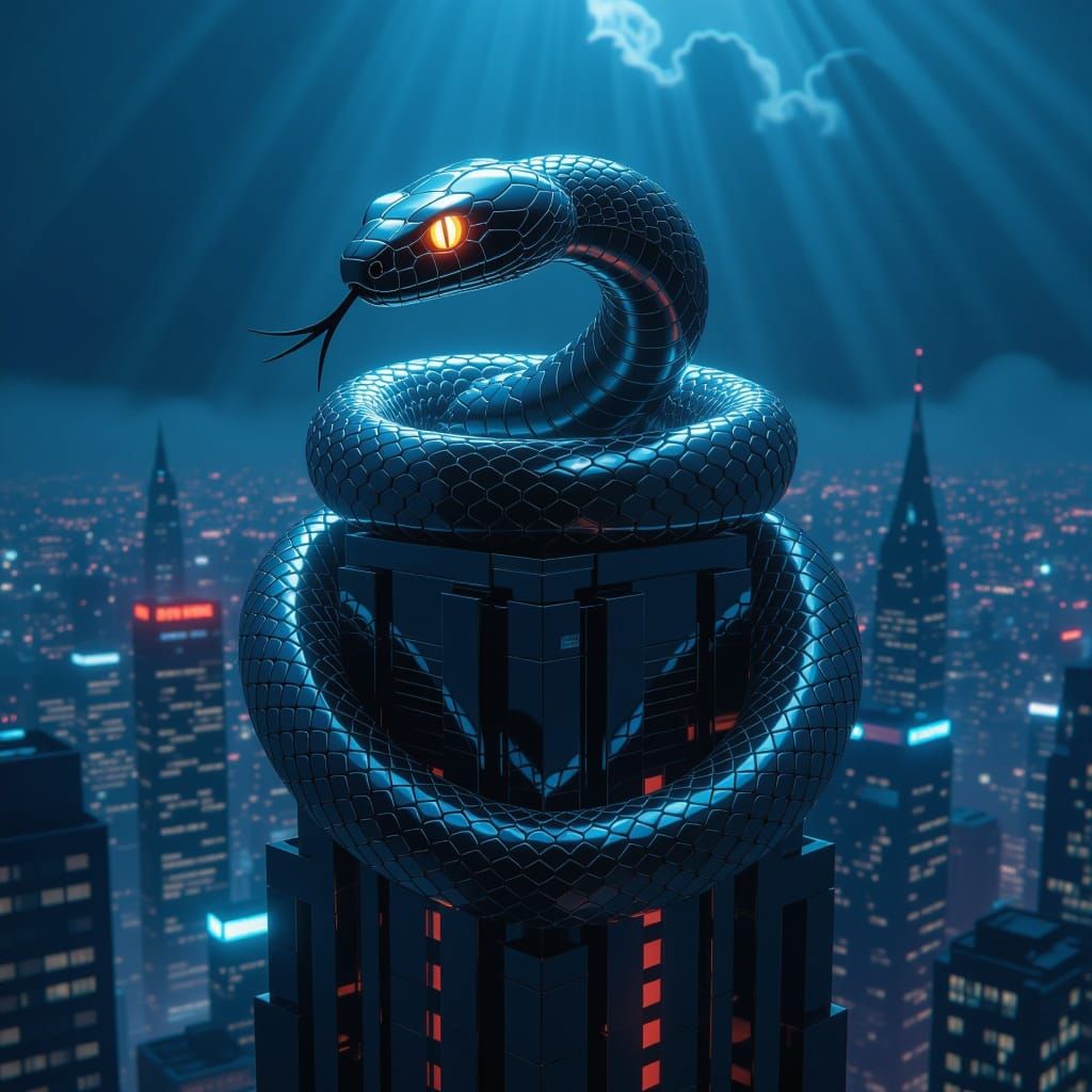 Sleek Chrome Snake Dominates Futuristic Skyscraper