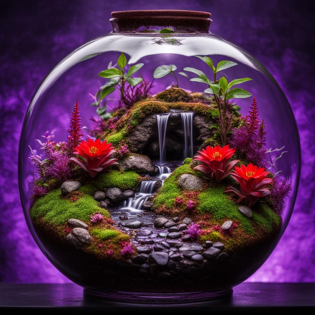 Exotic Terrarium with Flowers and Stream