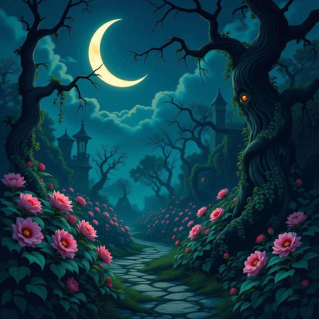 Eerie Garden with Twisted Trees and Moonlit Gloom