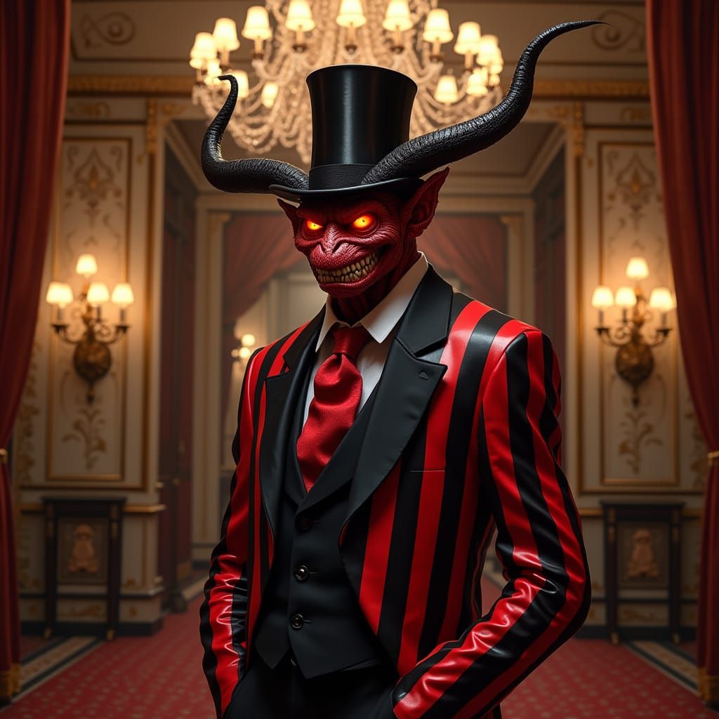 Charismatic Demon Poses in Opulent Lobby