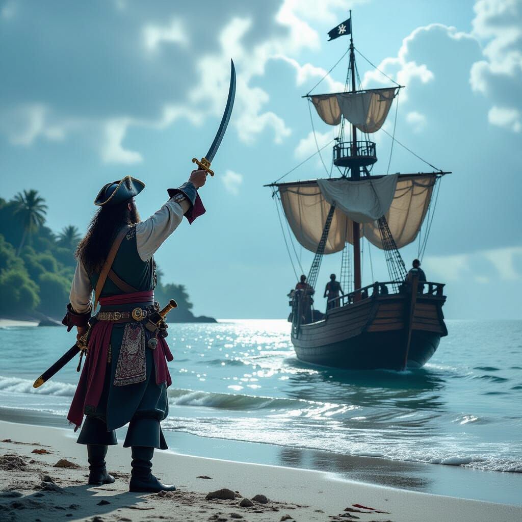 Pirate Captain on Island Shore with Sailing Ship