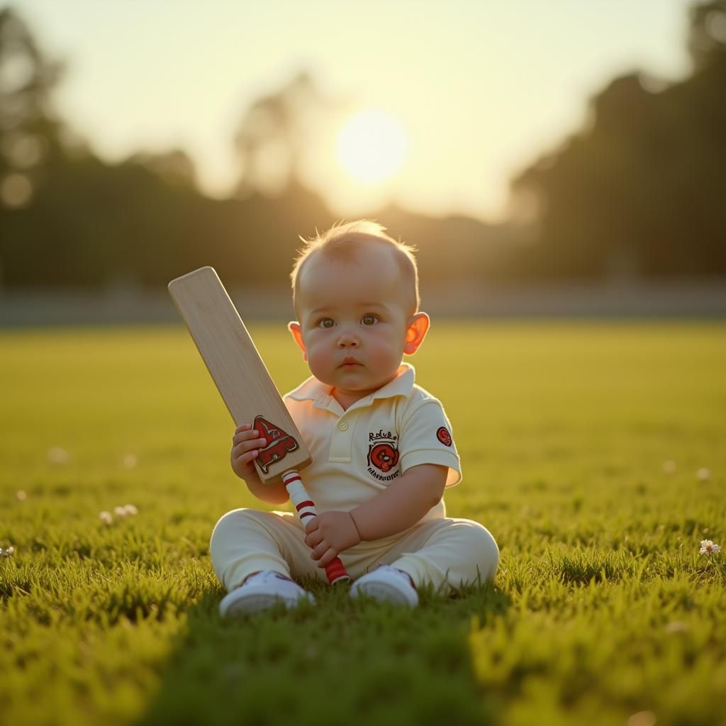 Cinematic Baby with Habsburg Jaw Playing Cricket