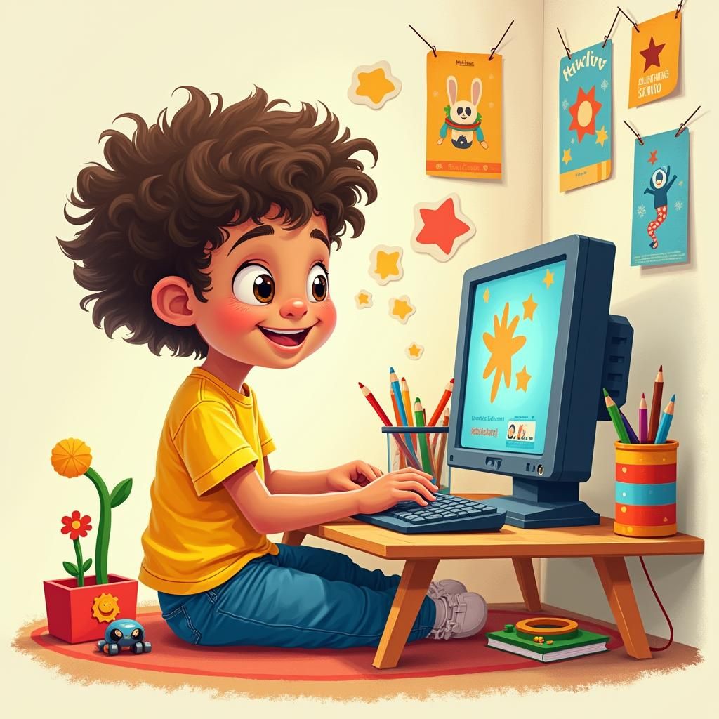Child Coding with Scratch Jr, Whimsical Illustration