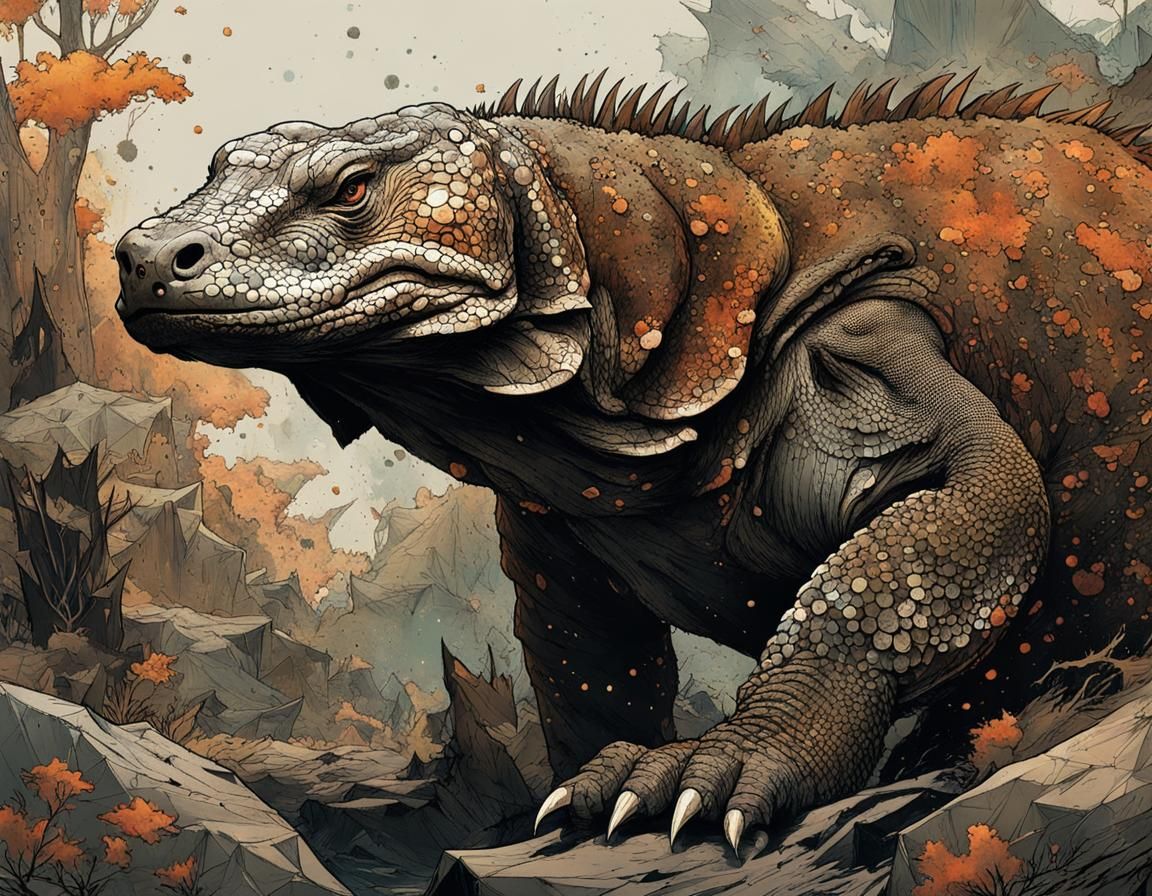 Komodo Dragon in Stylized Watercolor Art