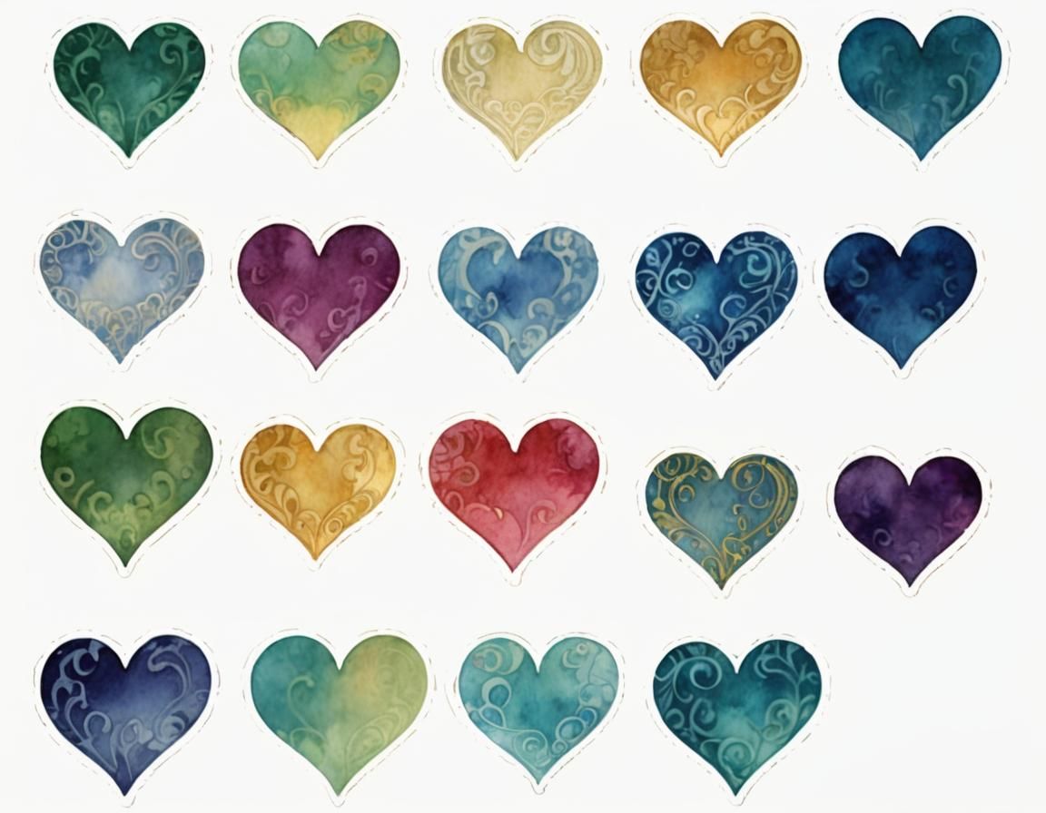 Ornate Hearts in Art Nouveau Watercolor Style