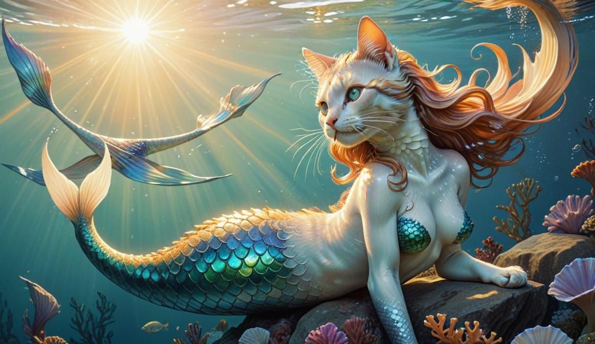 Realistic Cat Mermaid in Whimsical Art Style