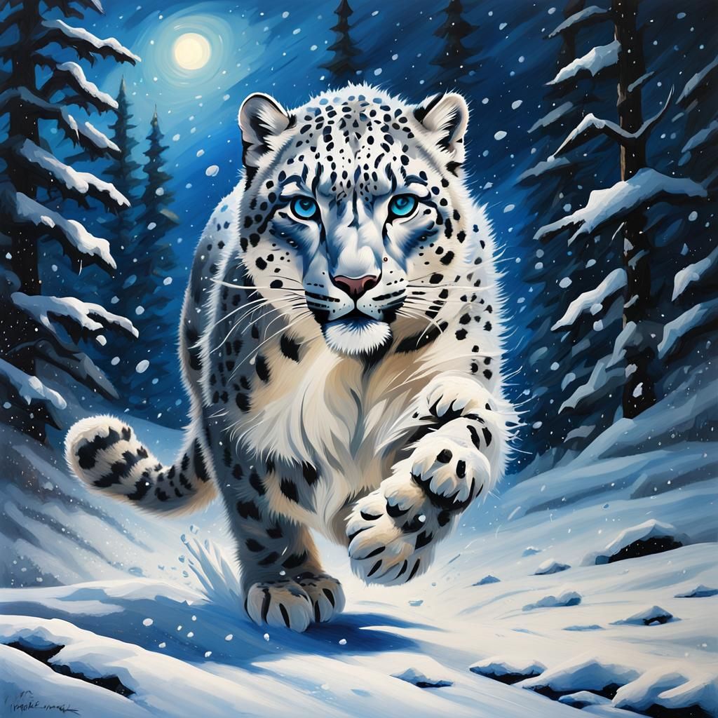 Snow Leopard in Snowy Forest Oil Painting
