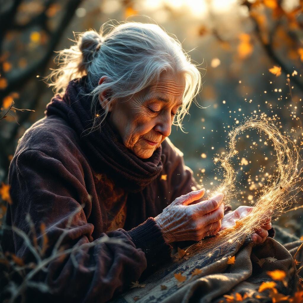 Galactic Tapestry: Elderly Woman's Cosmic Craft in Ethereal ...