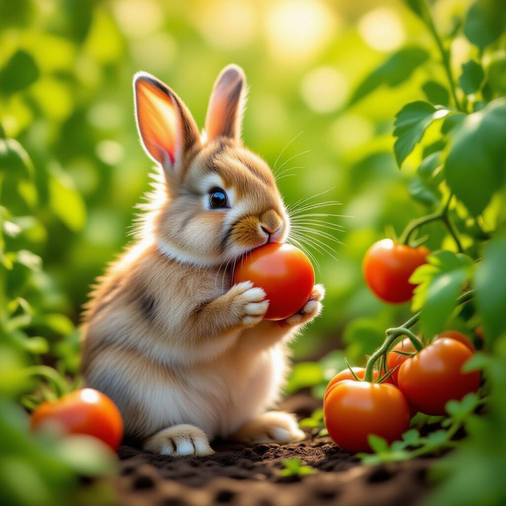 Photorealistic Rabbit Nibbling Tomato in Garden