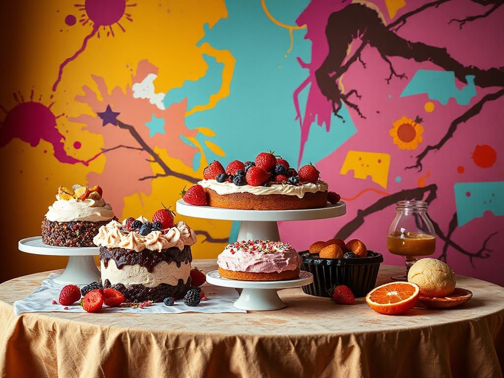 Stylized Dessert Table with Dramatic Lighting and Textures