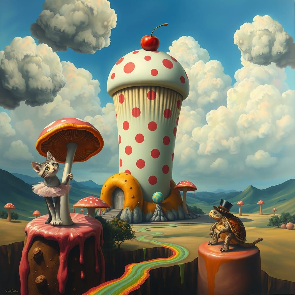 a playful, eerie twist on surrealism, a giant polka-dotted c...