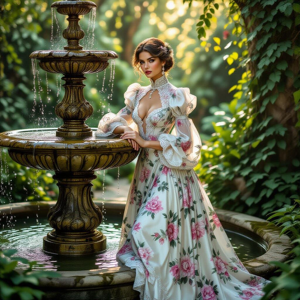 Silver Woman in Garden Fountain, Art Nouveau Style