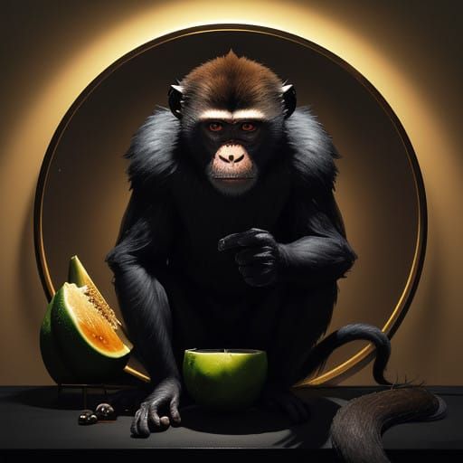 Vibrant Still Life of a Monkey and Melon in Golden Light
