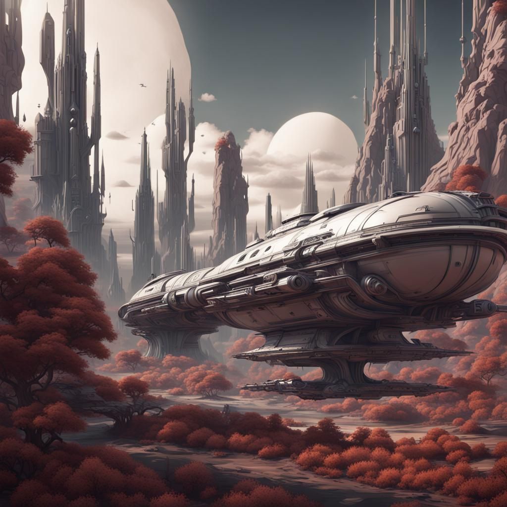 Monochromatic Surreal Spaceships Landscape: Matte Painting